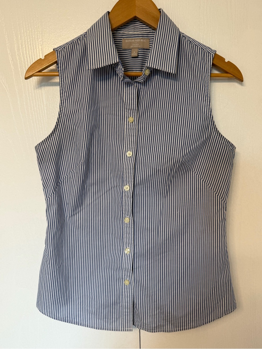 Banana Republic Sz 8 Blue White Striped Sleeveless Button Down Shirt